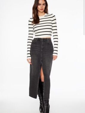 Denim Maxi Skirt with Front Slit in “Washed Black” Size L - 100% Cotton